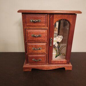 Vintage small wardrobe jewelry box spindle holder made of wood.